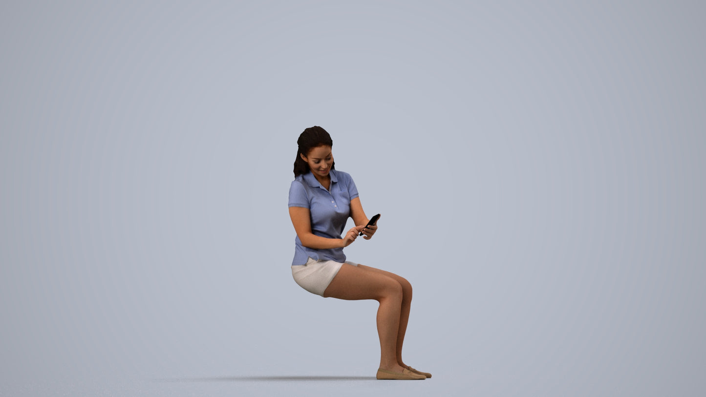 realistic 3D woman casual sitting, scanned archviz people for Blender and 3ds Max, side view render