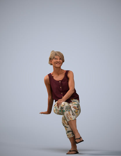 3D human model senior woman sitting, photogrammetry scanned person for archviz