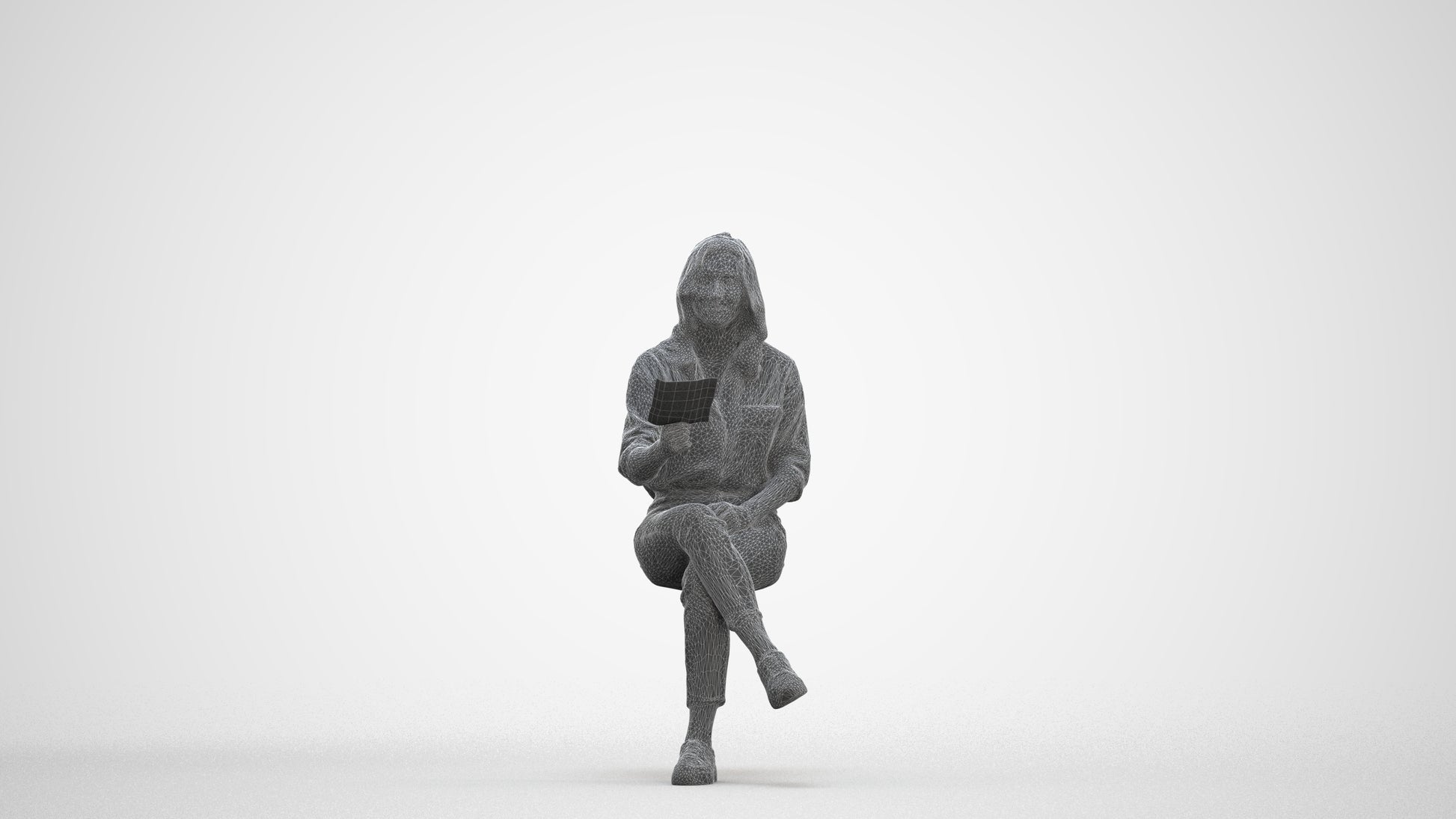 photogrammetry 3D woman casual sitting, realistic human model archviz FBX, three-quarter front view render