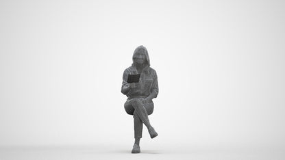 photogrammetry 3D woman casual sitting, realistic human model archviz FBX, three-quarter front view render