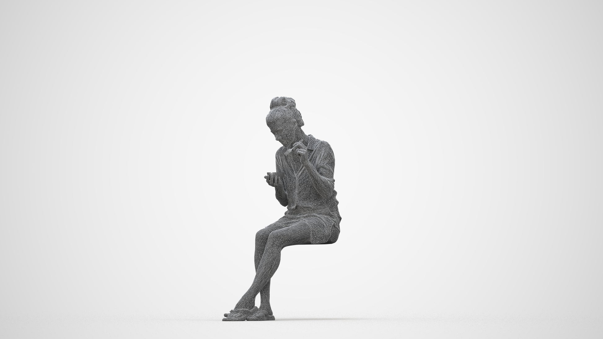 3D people model woman casual sitting, scanned human for 3ds Max rendering, wireframe back view