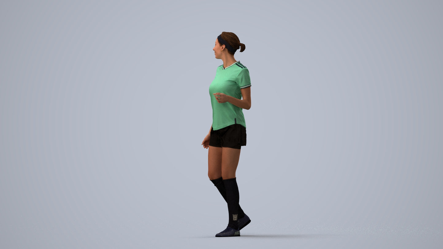3D human model woman sport, photogrammetry scanned person for archviz, three-quarter view render