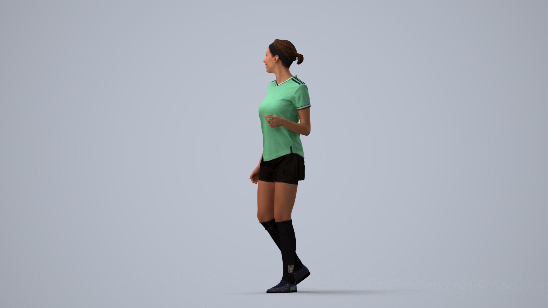 3D human model woman sport, photogrammetry scanned person for archviz, three-quarter view render