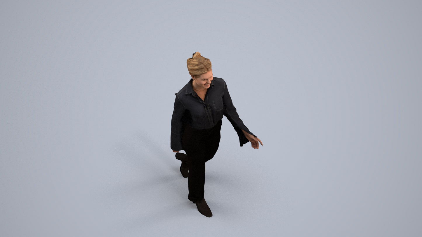 3D human model woman business walking, photogrammetry scanned person for archviz, back view render