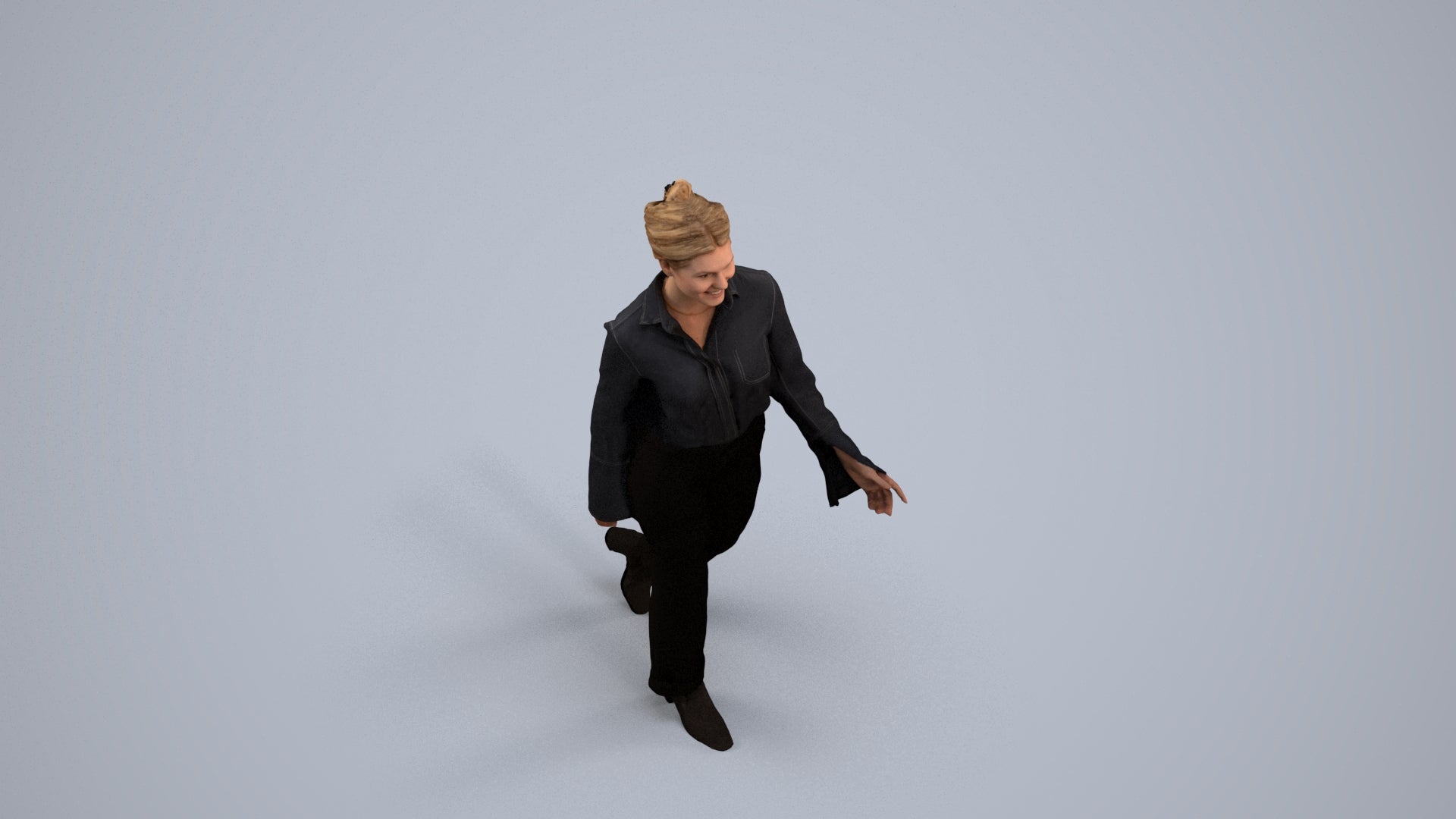 3D human model woman business walking, photogrammetry scanned person for archviz, back view render