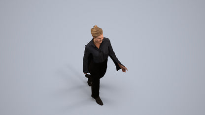 3D human model woman business walking, photogrammetry scanned person for archviz, back view render