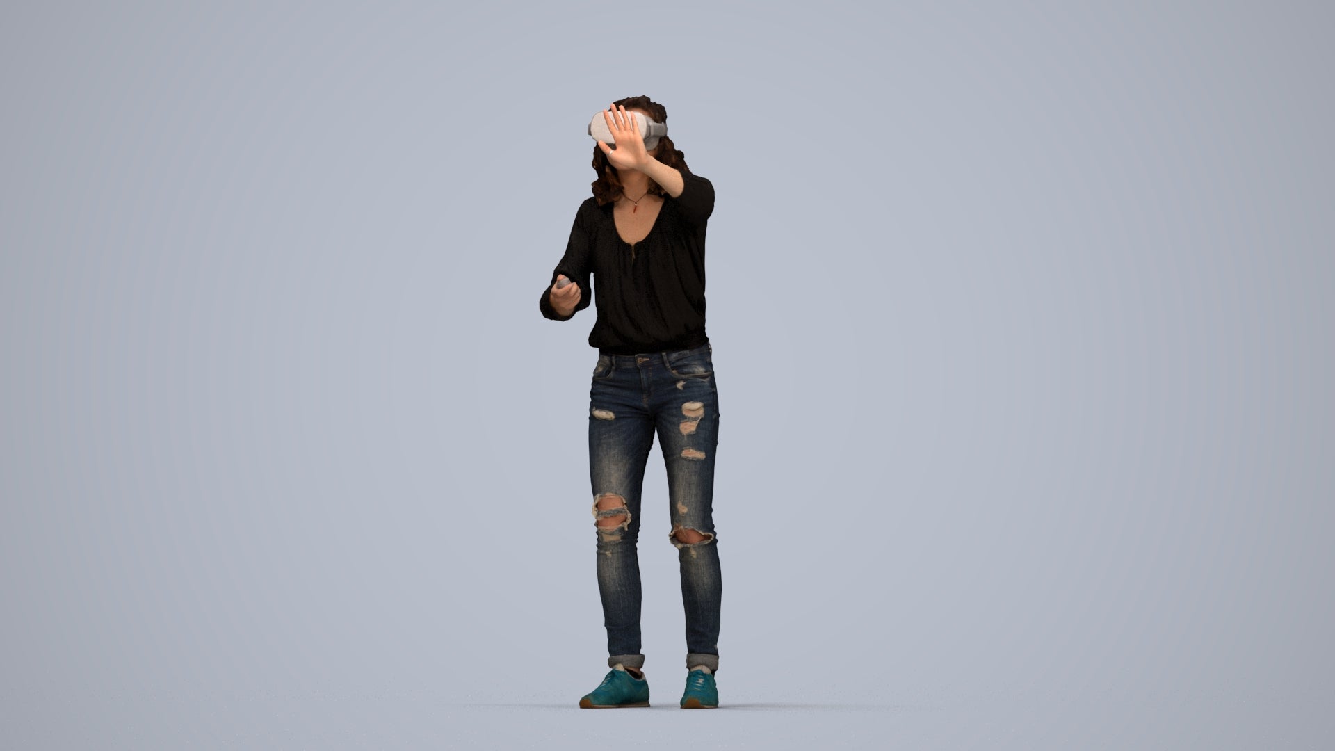 realistic 3D human woman casual standing, archviz people FBX OBJ for Blender, top-down view render