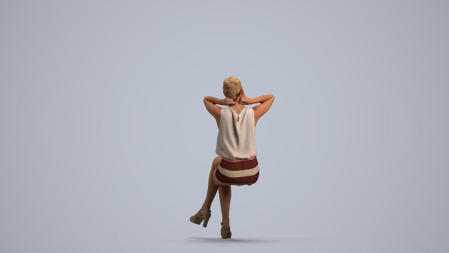 realistic 3D woman casual sitting, scanned archviz people for Blender and 3ds Max, front view render