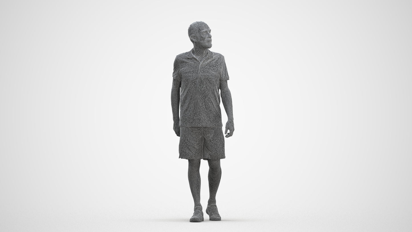 3D human model senior man sport, photogrammetry scanned person for archviz, three-quarter front view render