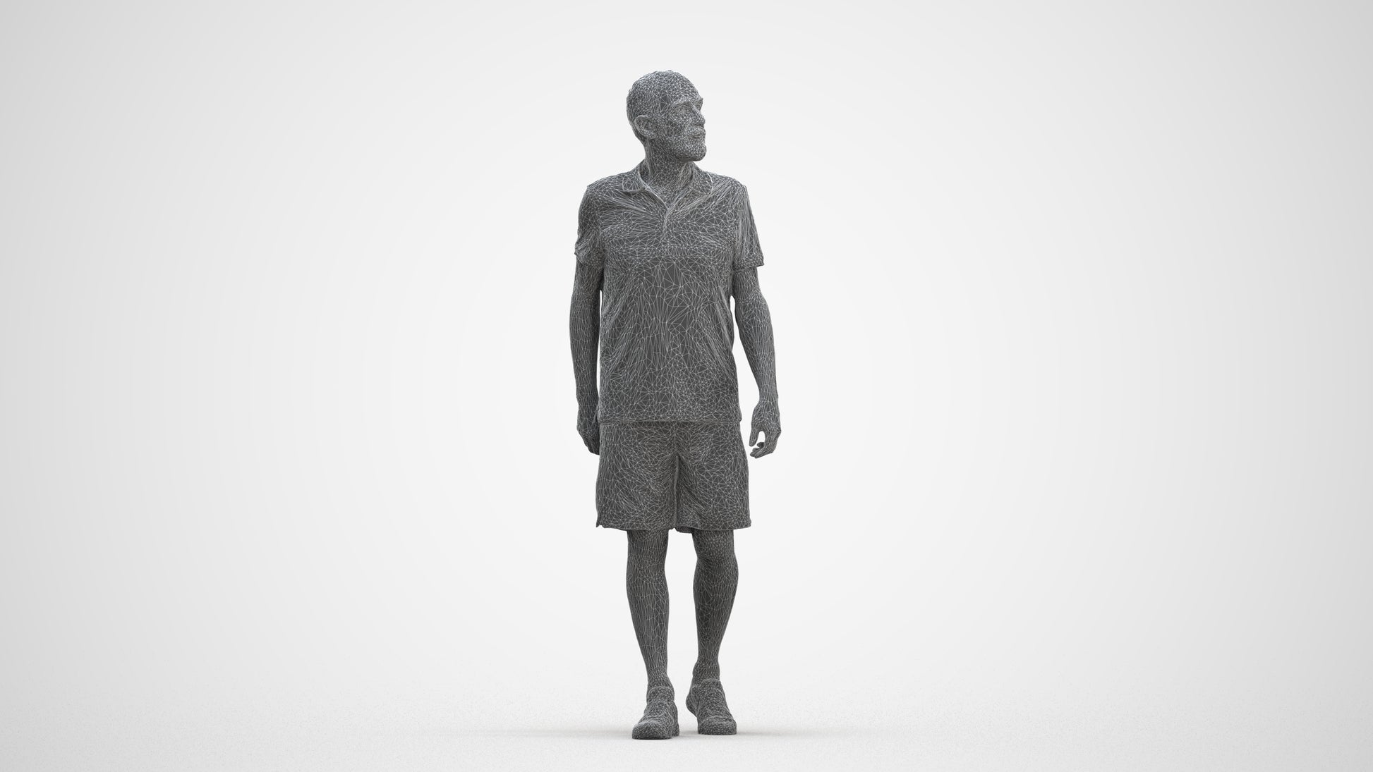 3D human model senior man sport, photogrammetry scanned person for archviz, three-quarter front view render