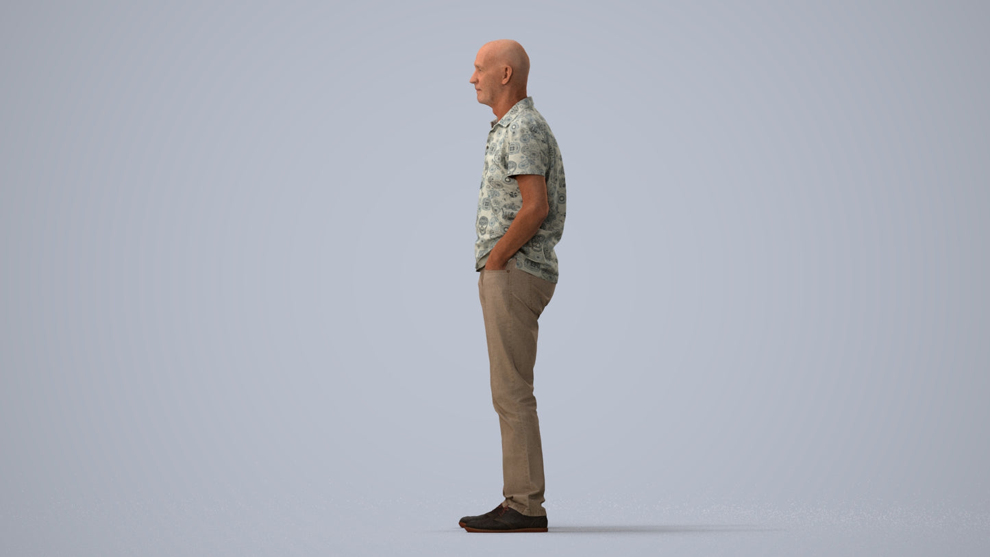 3D human model senior man casual standing, photogrammetry scanned person for archviz, three-quarter view render