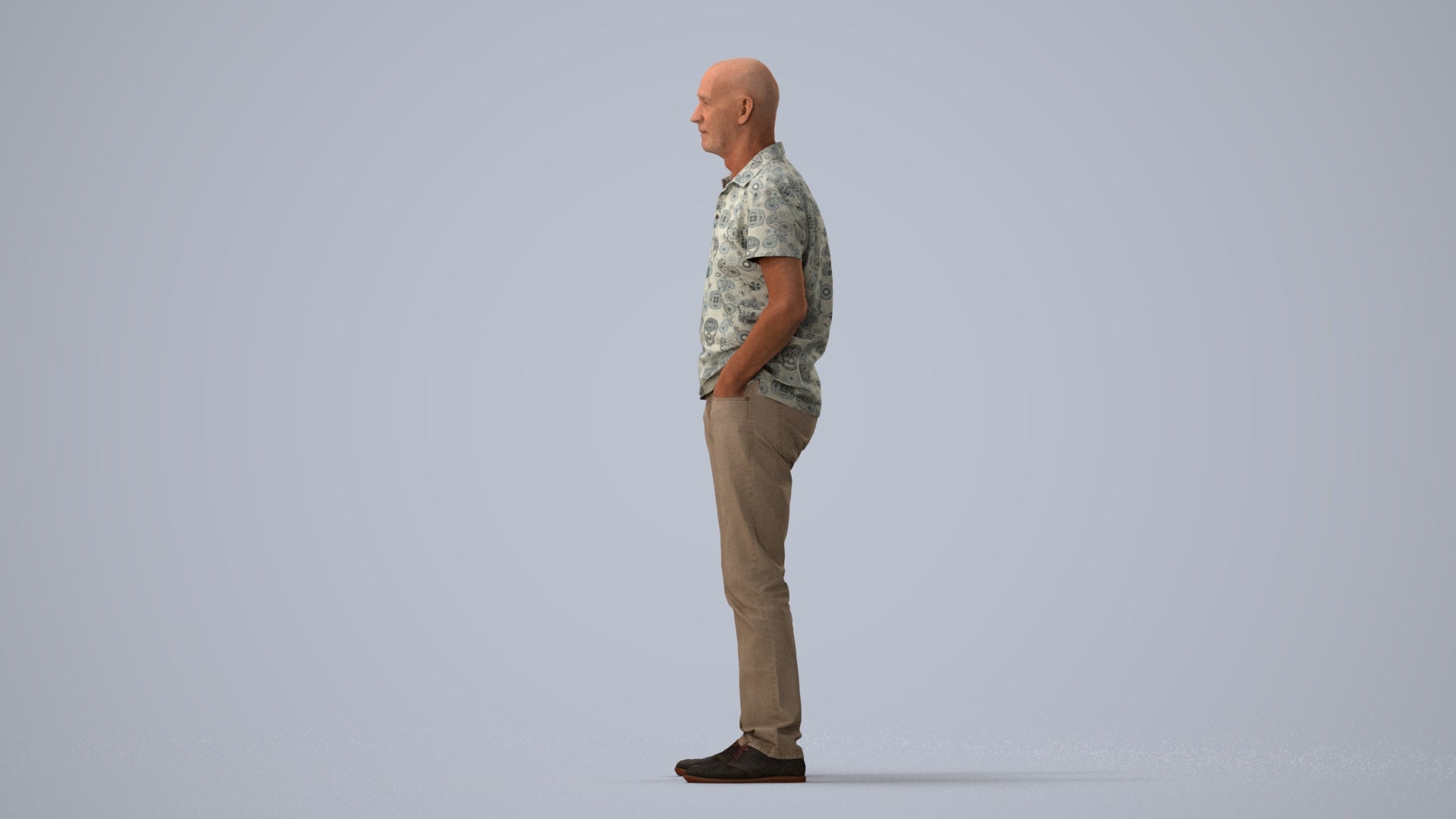 3D human model senior man casual standing, photogrammetry scanned person for archviz, three-quarter view render