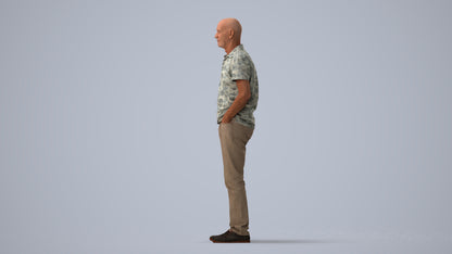 3D human model senior man casual standing, photogrammetry scanned person for archviz, three-quarter view render
