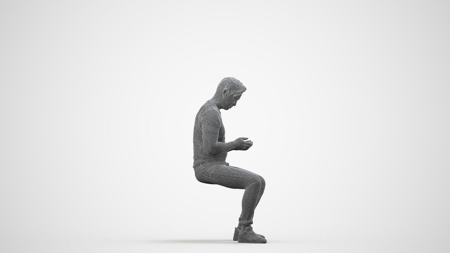 3D scanned man sitting casual, photorealistic archviz people for Enscape and SketchUp, wireframe side view