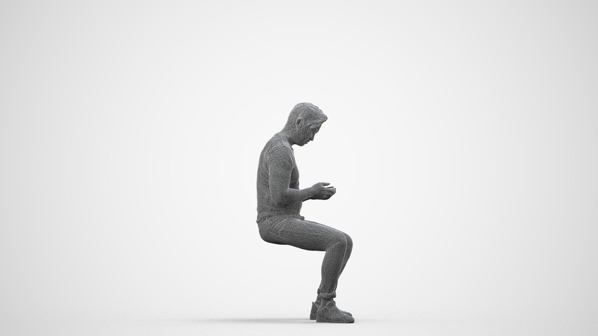 3D scanned man sitting casual, photorealistic archviz people for Enscape and SketchUp, wireframe side view