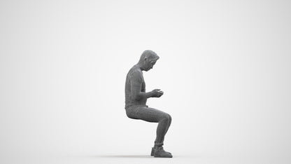 3D scanned man sitting casual, photorealistic archviz people for Enscape and SketchUp, wireframe side view