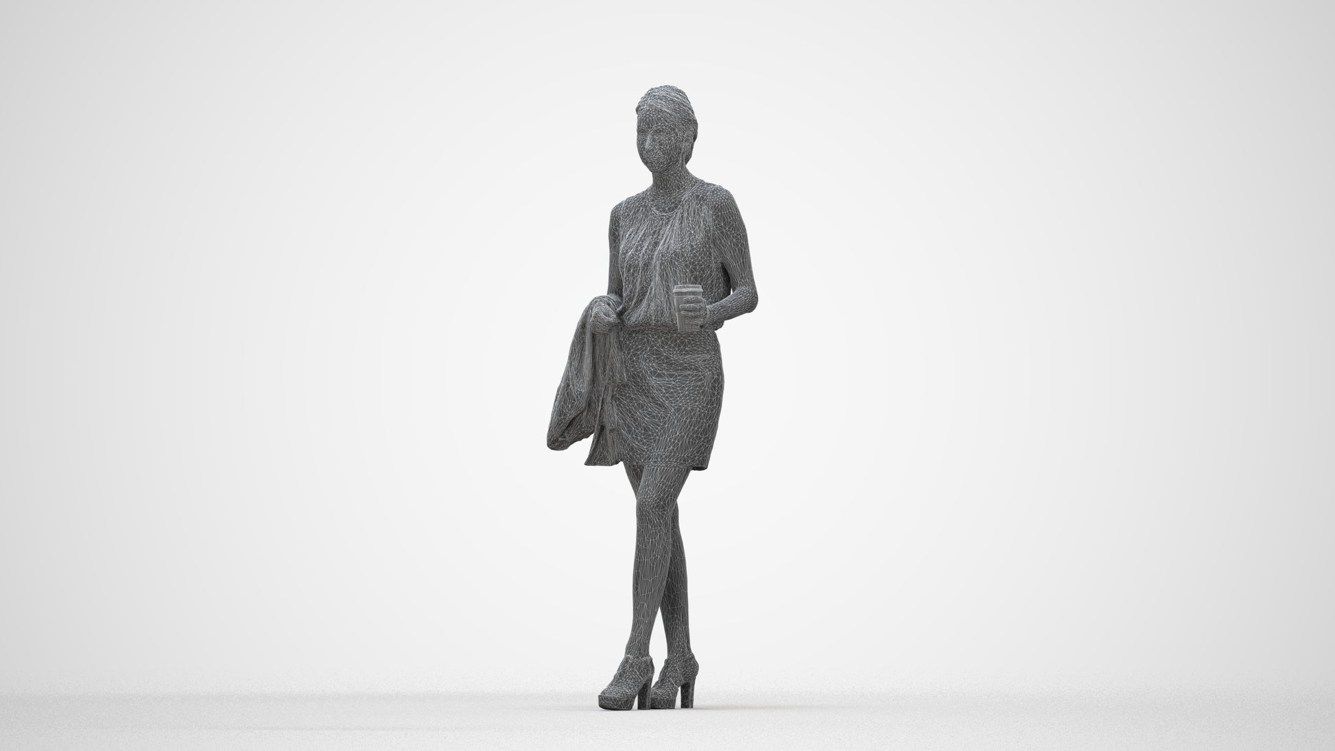 realistic 3D woman business walking, scanned archviz people for Blender and 3ds Max, wireframe back view