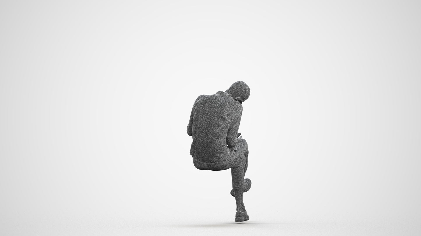 realistic 3D human man casual sitting, archviz people FBX OBJ for Blender, wireframe front view