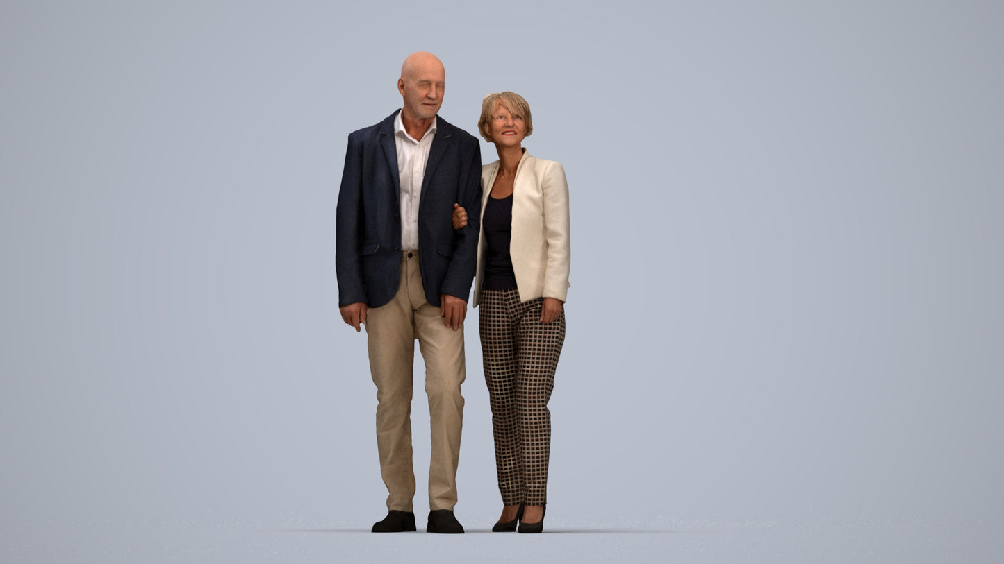 3D human model senior woman business couple, photogrammetry scanned person for archviz, top-down view render