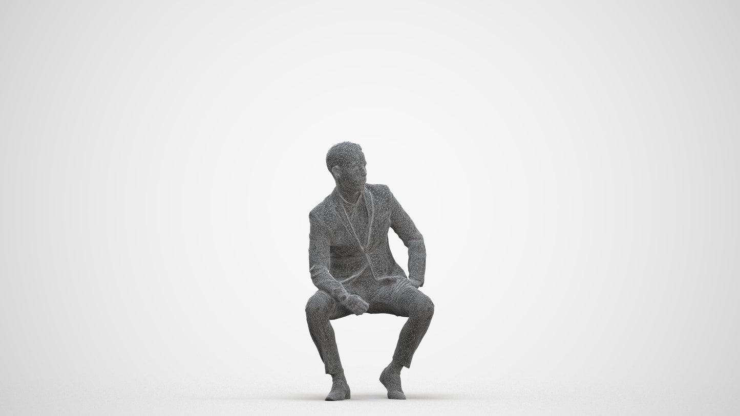 realistic 3D man formal sitting, scanned archviz people for Blender and 3ds Max, three-quarter front view render