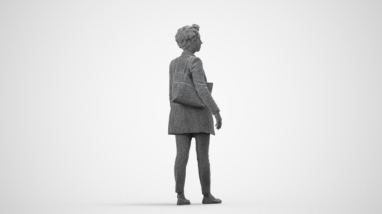 3D human model woman business walking, photogrammetry scanned person for archviz, wireframe side view