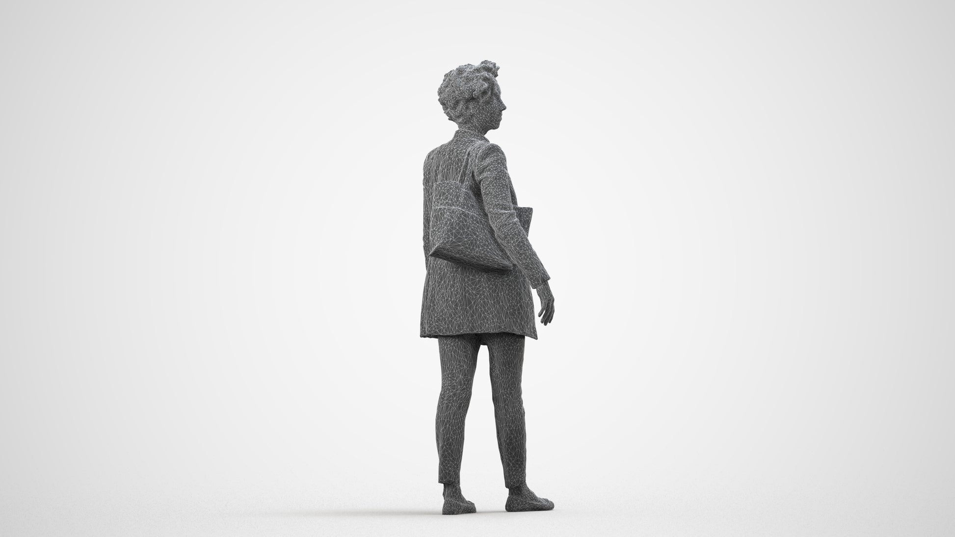 3D human model woman business walking, photogrammetry scanned person for archviz, wireframe side view