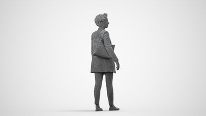 3D human model woman business walking, photogrammetry scanned person for archviz, wireframe side view