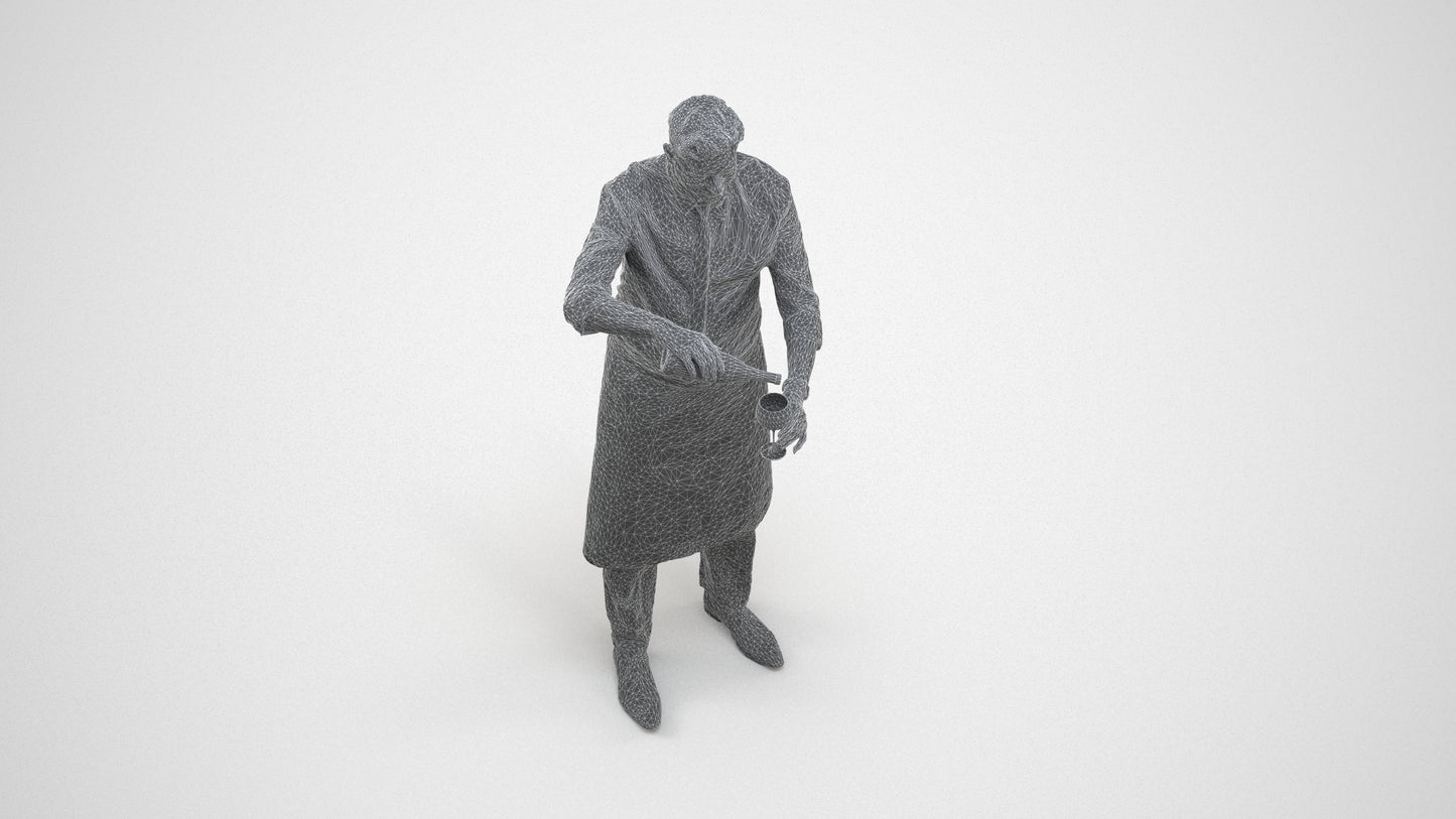 3D scanned man hospitality, photorealistic archviz people for Enscape and SketchUp, wireframe three-quarter view