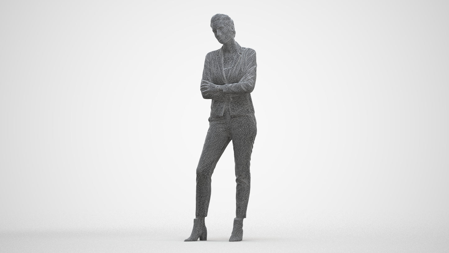 3D human model woman business, photogrammetry scanned person for archviz, three-quarter front view render