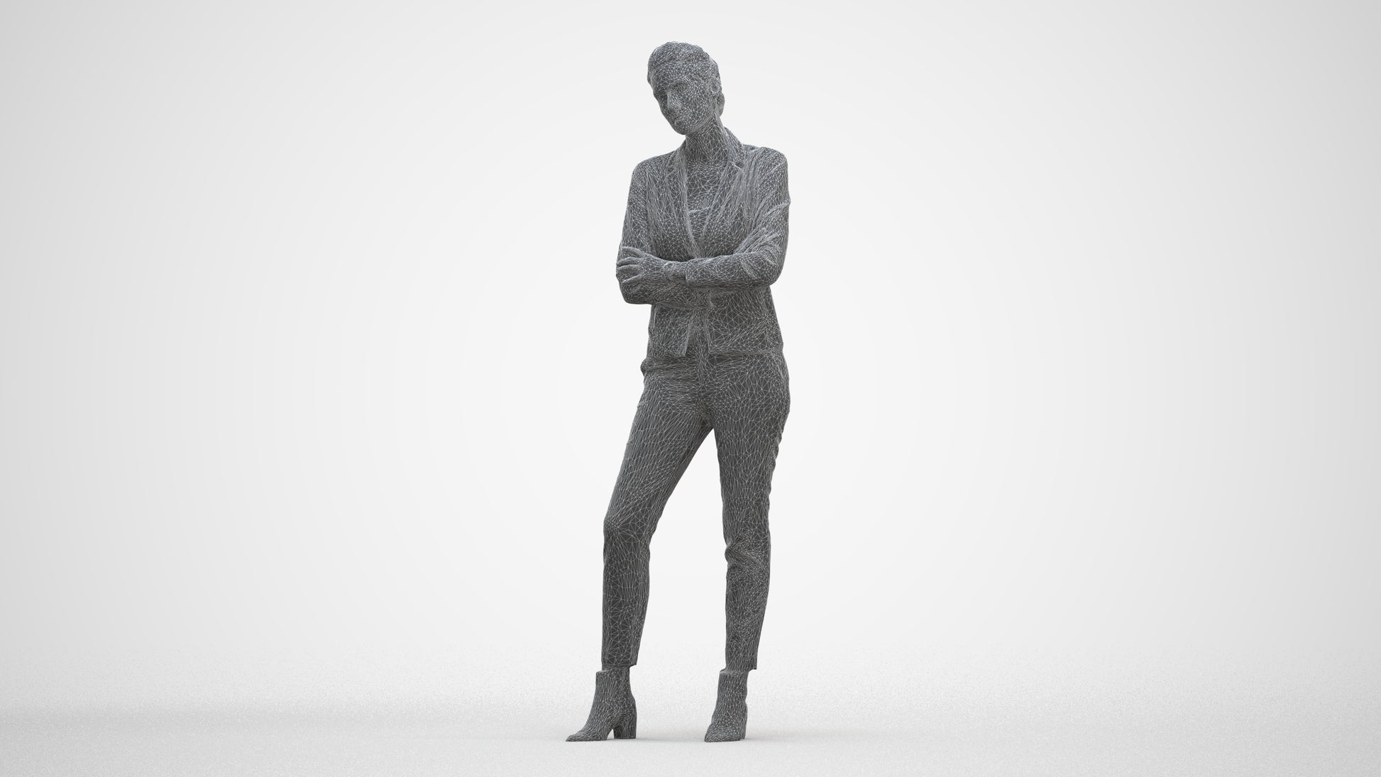 3D human model woman business, photogrammetry scanned person for archviz, three-quarter front view render