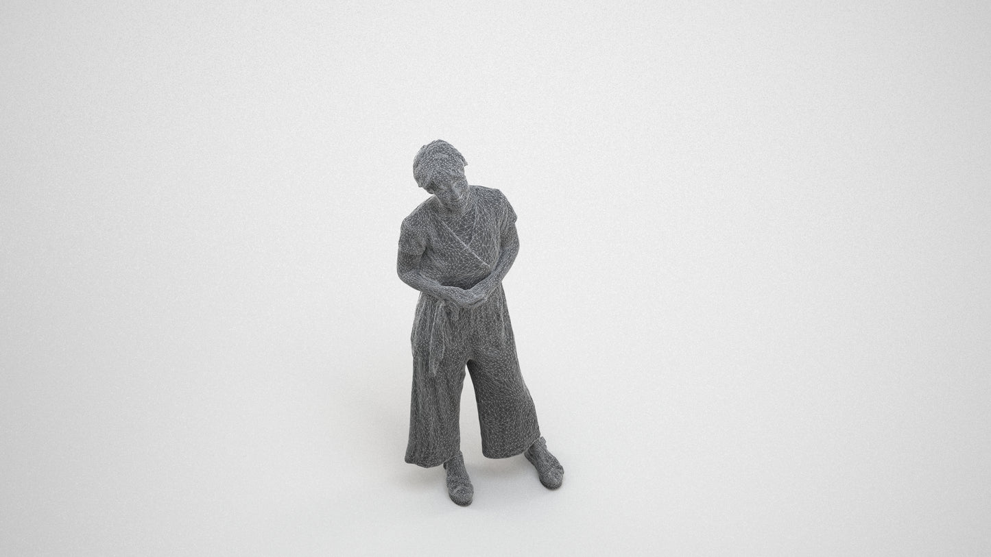 realistic 3D senior woman casual standing, scanned archviz people for Blender and 3ds Max, wireframe three-quarter view