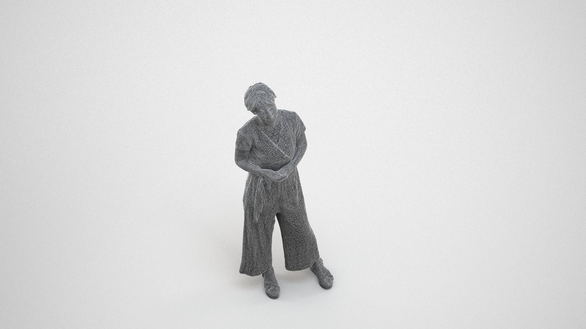 realistic 3D senior woman casual standing, scanned archviz people for Blender and 3ds Max, wireframe three-quarter view