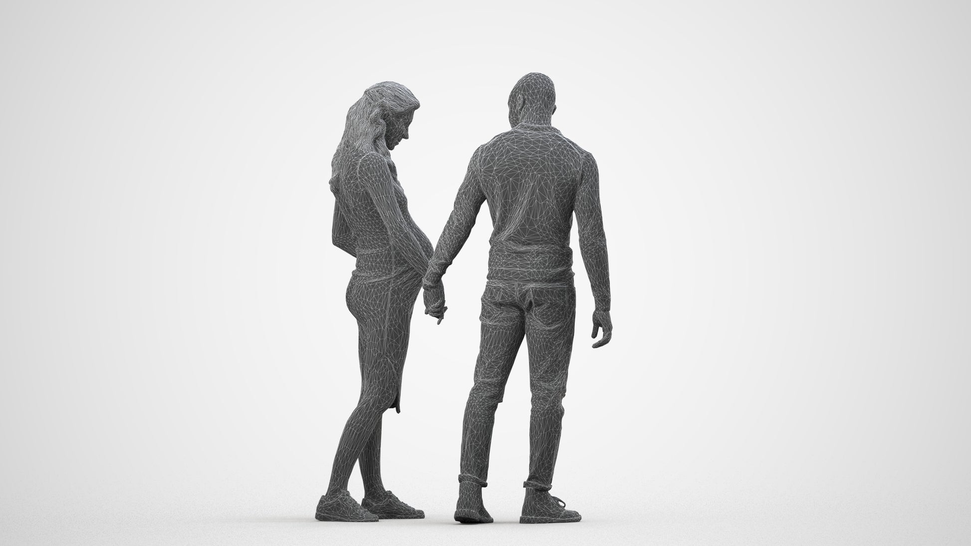 3D human model woman casual kids, photogrammetry scanned person for archviz, wireframe side view
