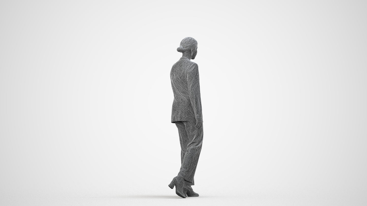 3D scanned woman standing business, photorealistic archviz people for Enscape and SketchUp, wireframe side view