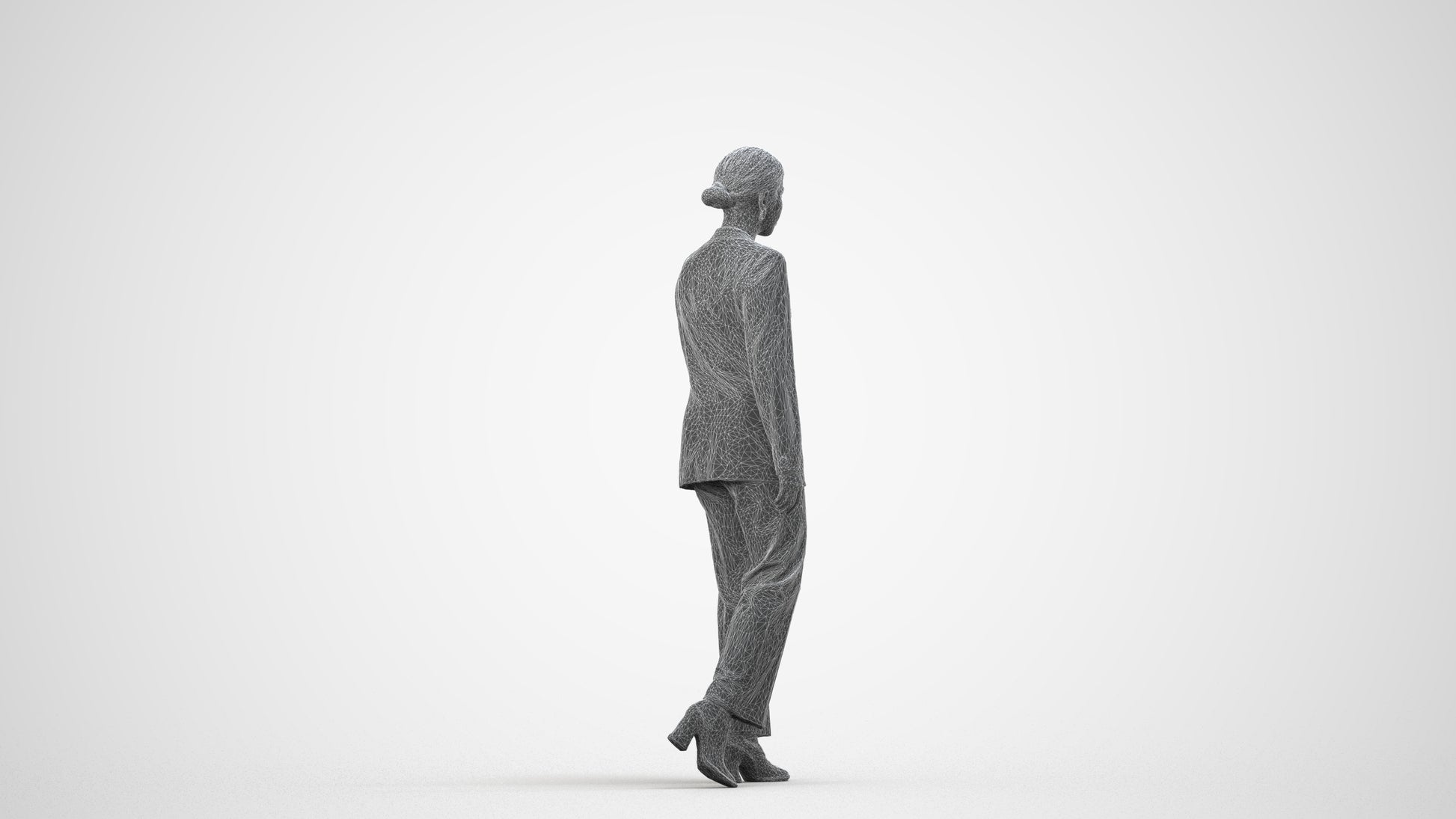 3D scanned woman standing business, photorealistic archviz people for Enscape and SketchUp, wireframe side view