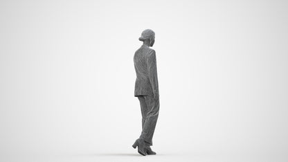 3D scanned woman standing business, photorealistic archviz people for Enscape and SketchUp, wireframe side view
