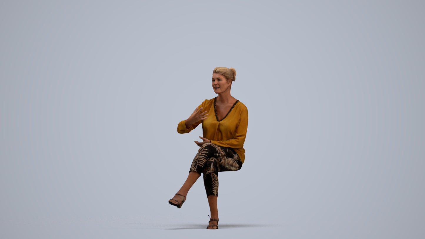 3D human model woman casual sitting, photogrammetry scanned person for archviz, standing pose render