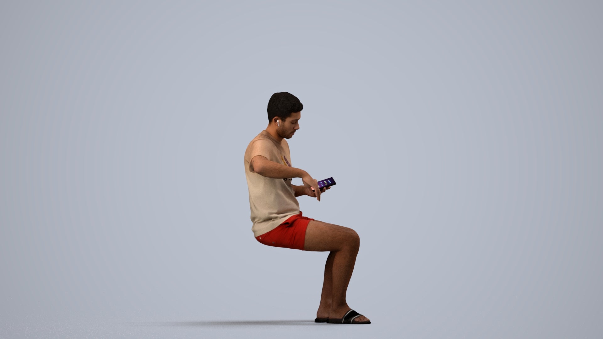 realistic 3D man casual sitting, scanned archviz people for Blender and 3ds Max, side view render