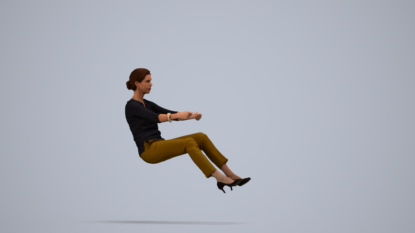 3D human model woman casual driving, photogrammetry scanned person for archviz, side view render