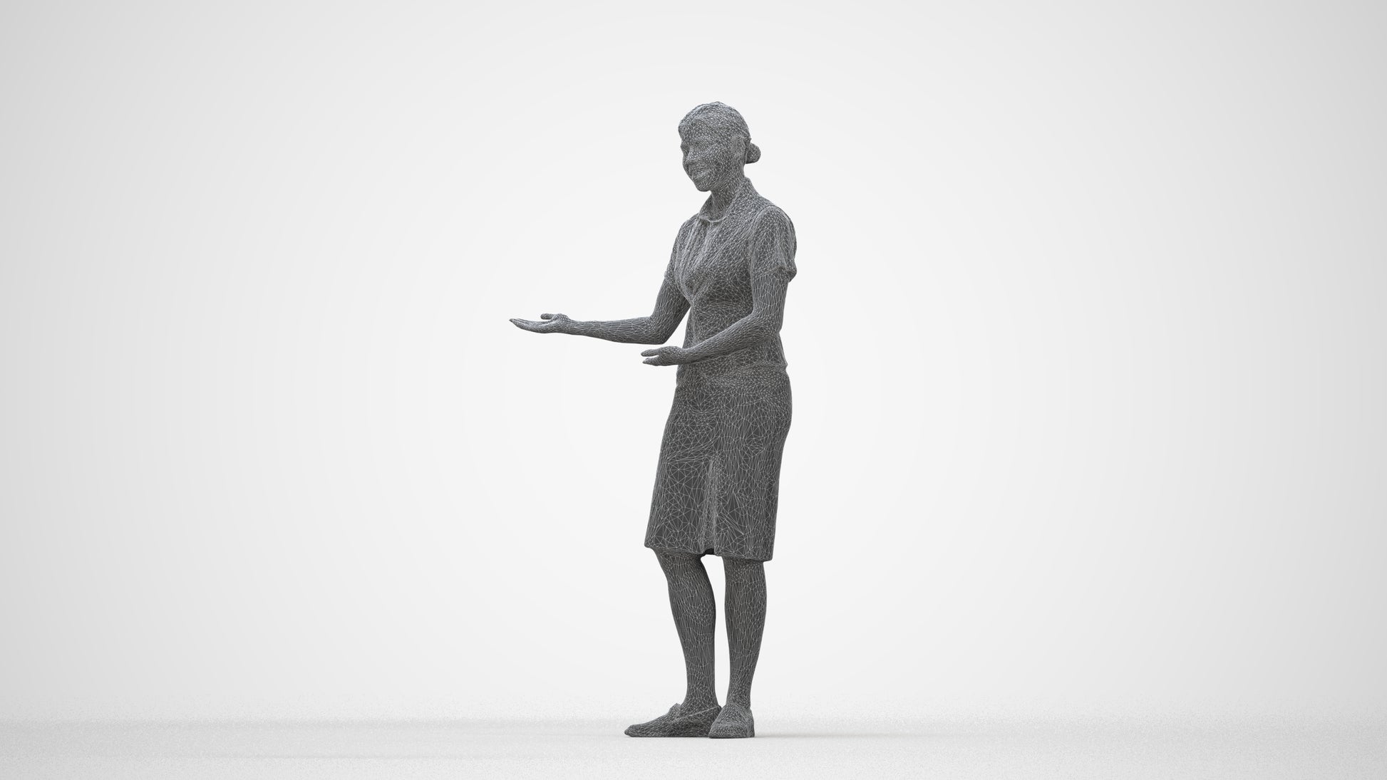 3D scanned woman hospitality, photorealistic archviz people for Enscape and SketchUp, wireframe back view