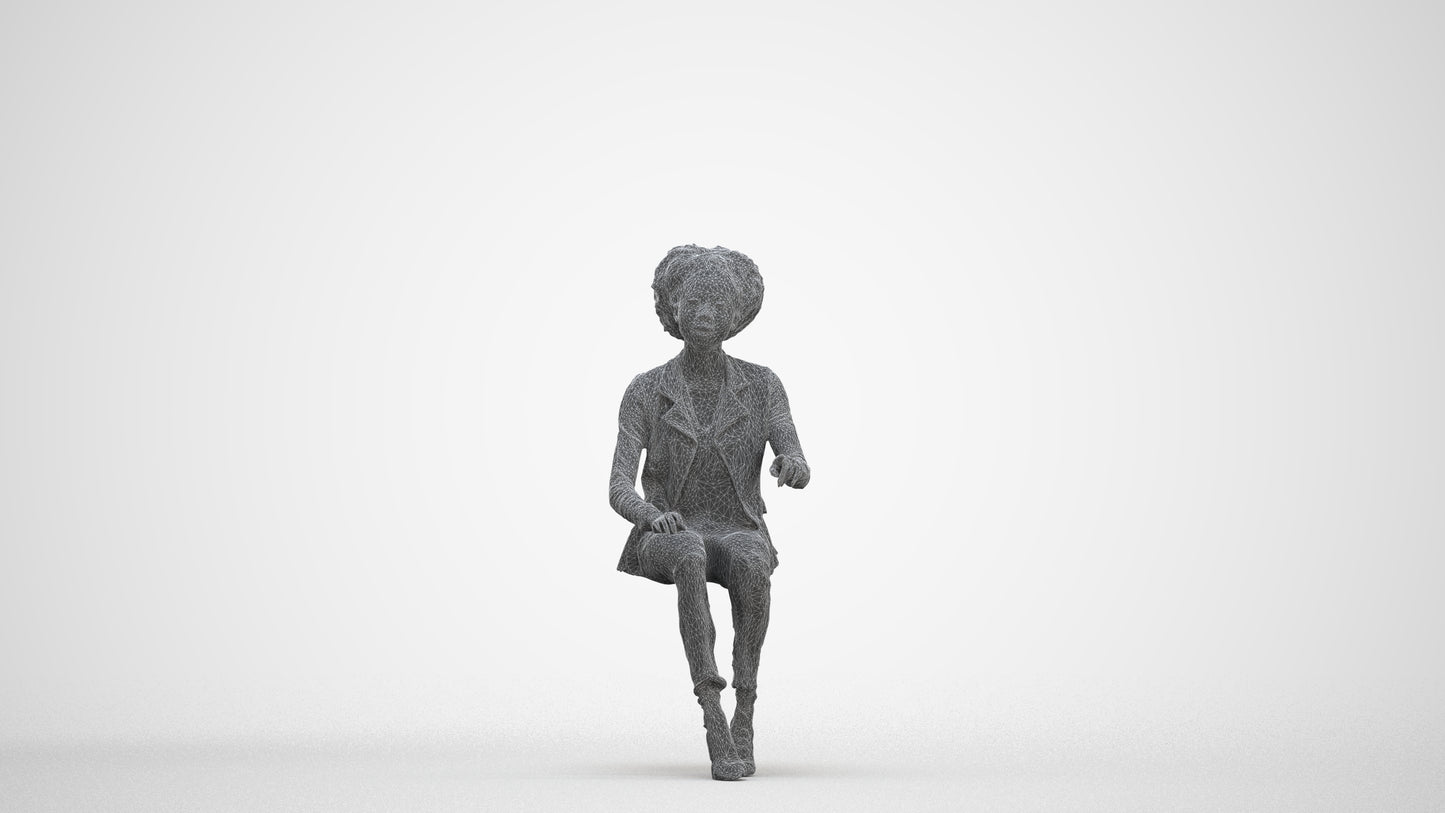 3D scanned woman sitting business, photorealistic archviz people for Enscape and SketchUp, three-quarter front view render