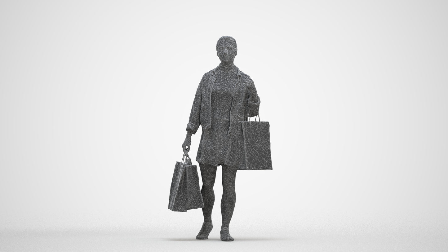 3D scanned woman shopping casual, photorealistic archviz people for Enscape and SketchUp, three-quarter front view render