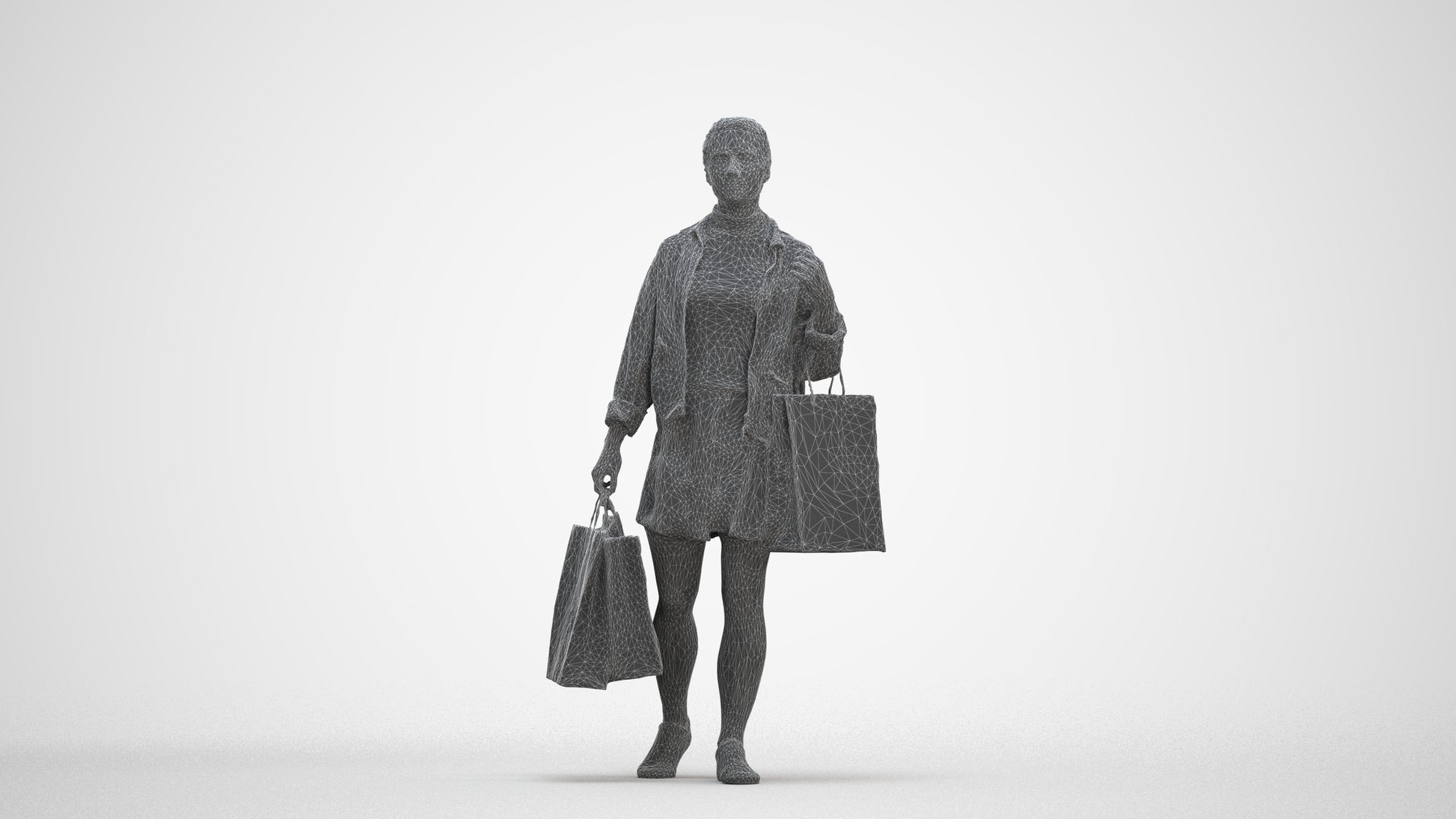3D scanned woman shopping casual, photorealistic archviz people for Enscape and SketchUp, three-quarter front view render
