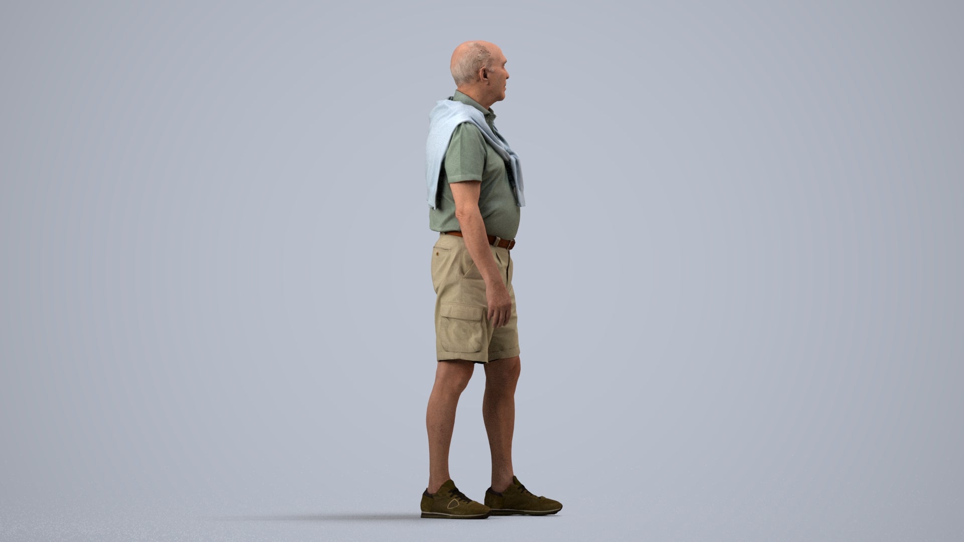 3D scanned senior man standing casual, photorealistic archviz people for Enscape and SketchUp, side view render