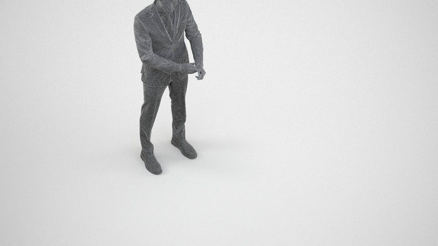 3D human model man business, photogrammetry scanned person for archviz, wireframe three-quarter view