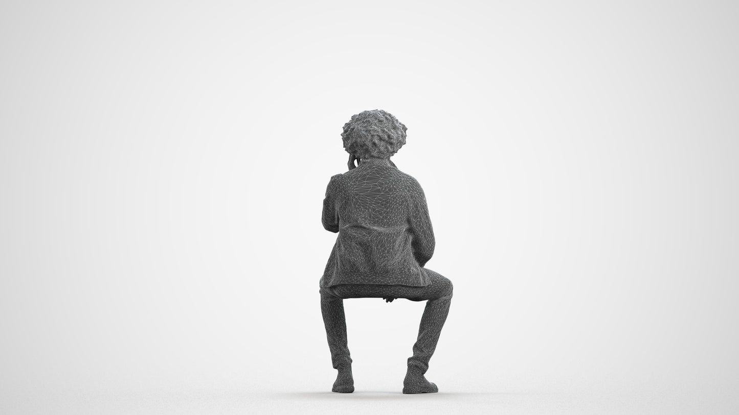3D people model man casual sitting, scanned human for 3ds Max rendering, wireframe front view