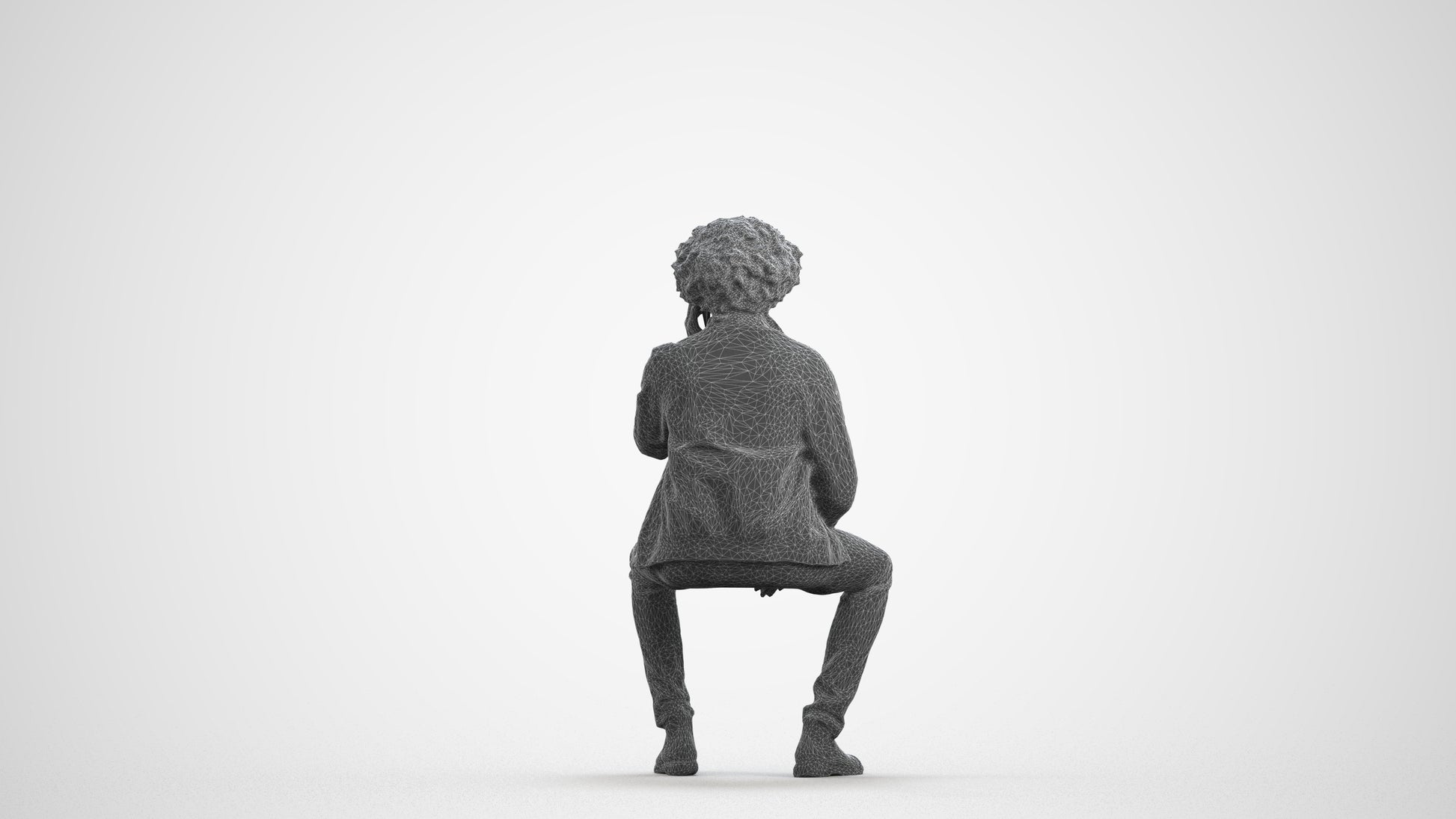 3D people model man casual sitting, scanned human for 3ds Max rendering, wireframe front view
