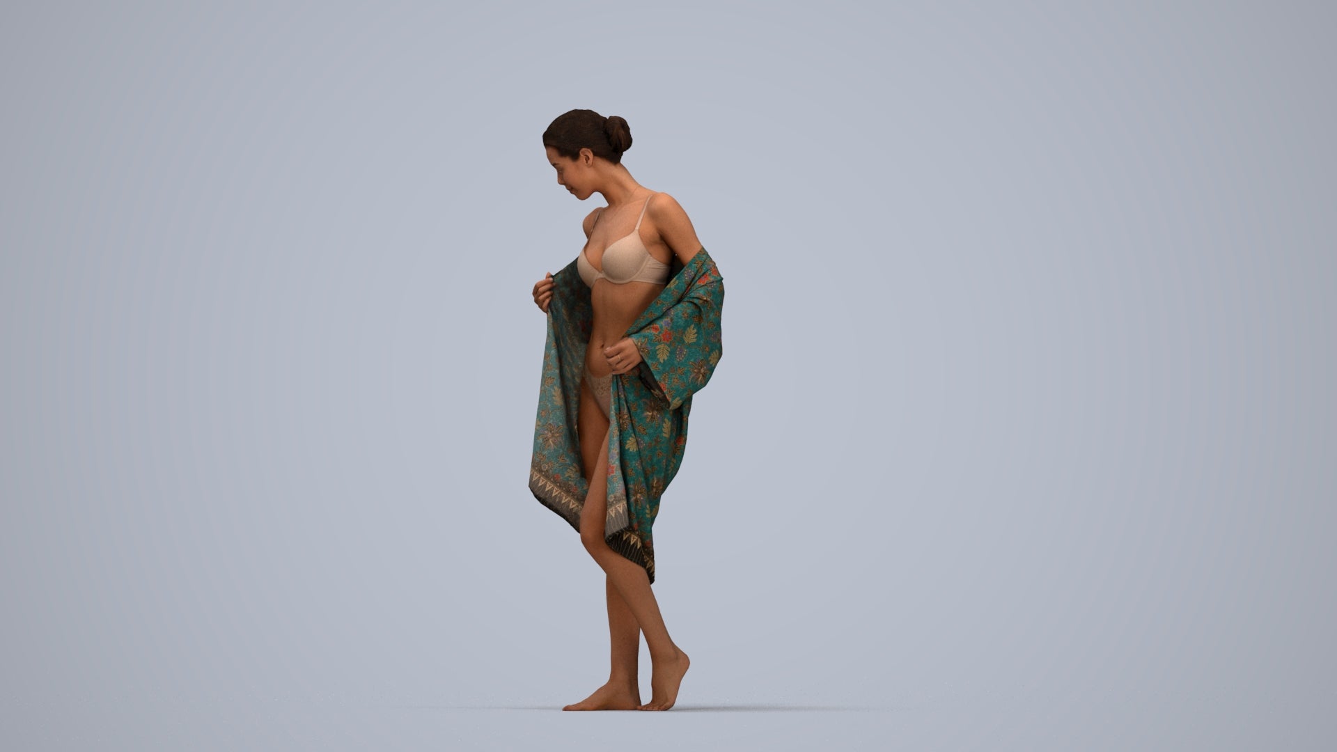 photogrammetry 3D woman bathroom, realistic human model archviz FBX, top-down view render