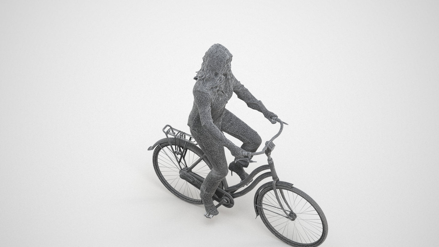 3D scanned woman cycling casual, photorealistic archviz people for Enscape and SketchUp, wireframe three-quarter view