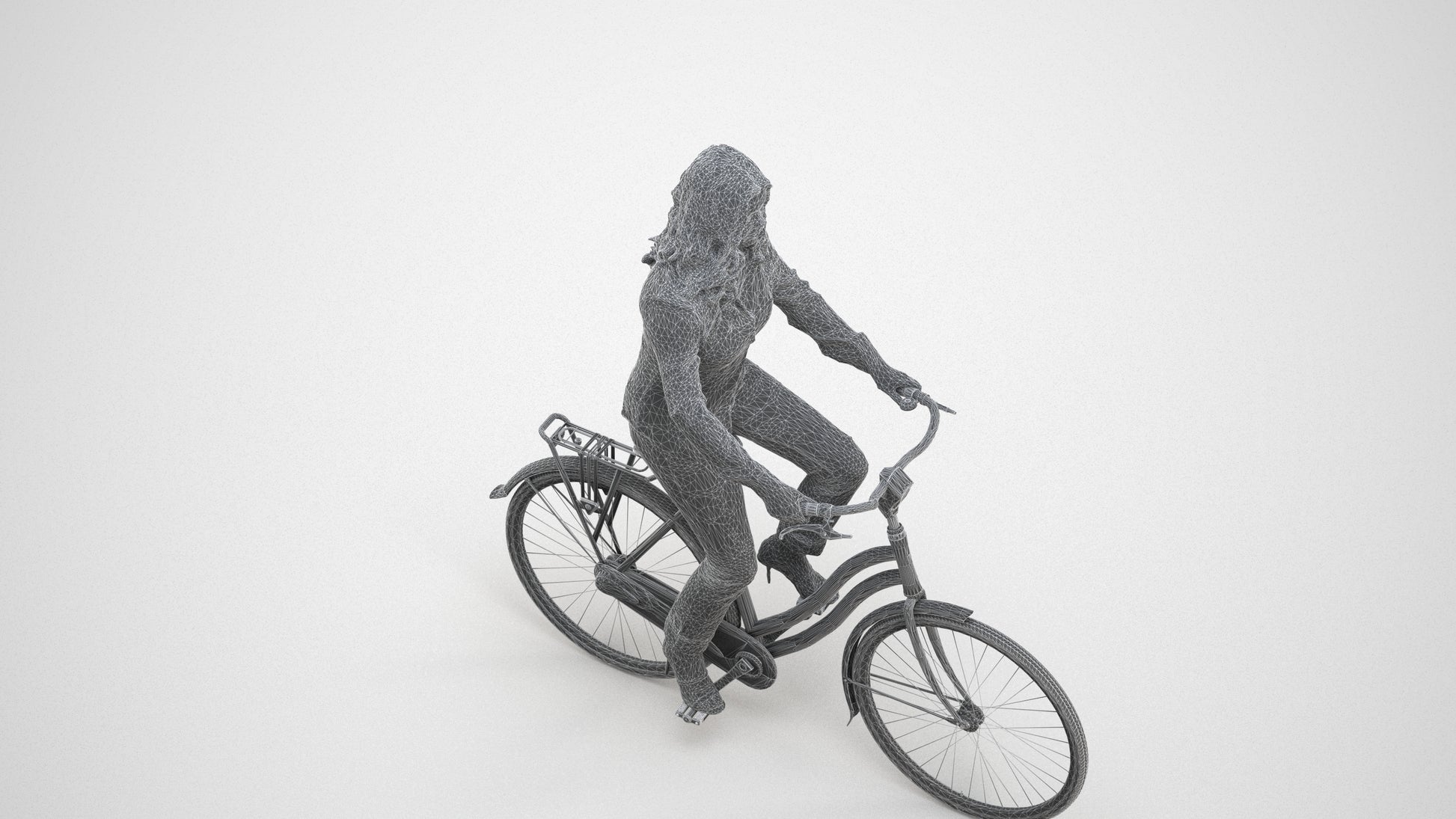 3D scanned woman cycling casual, photorealistic archviz people for Enscape and SketchUp, wireframe three-quarter view